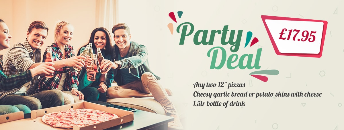 Party Deal. Any two 12 inch pizzas, cheesy garlic bread or potato skins with cheese and a 1.5ltr bottle of drink.